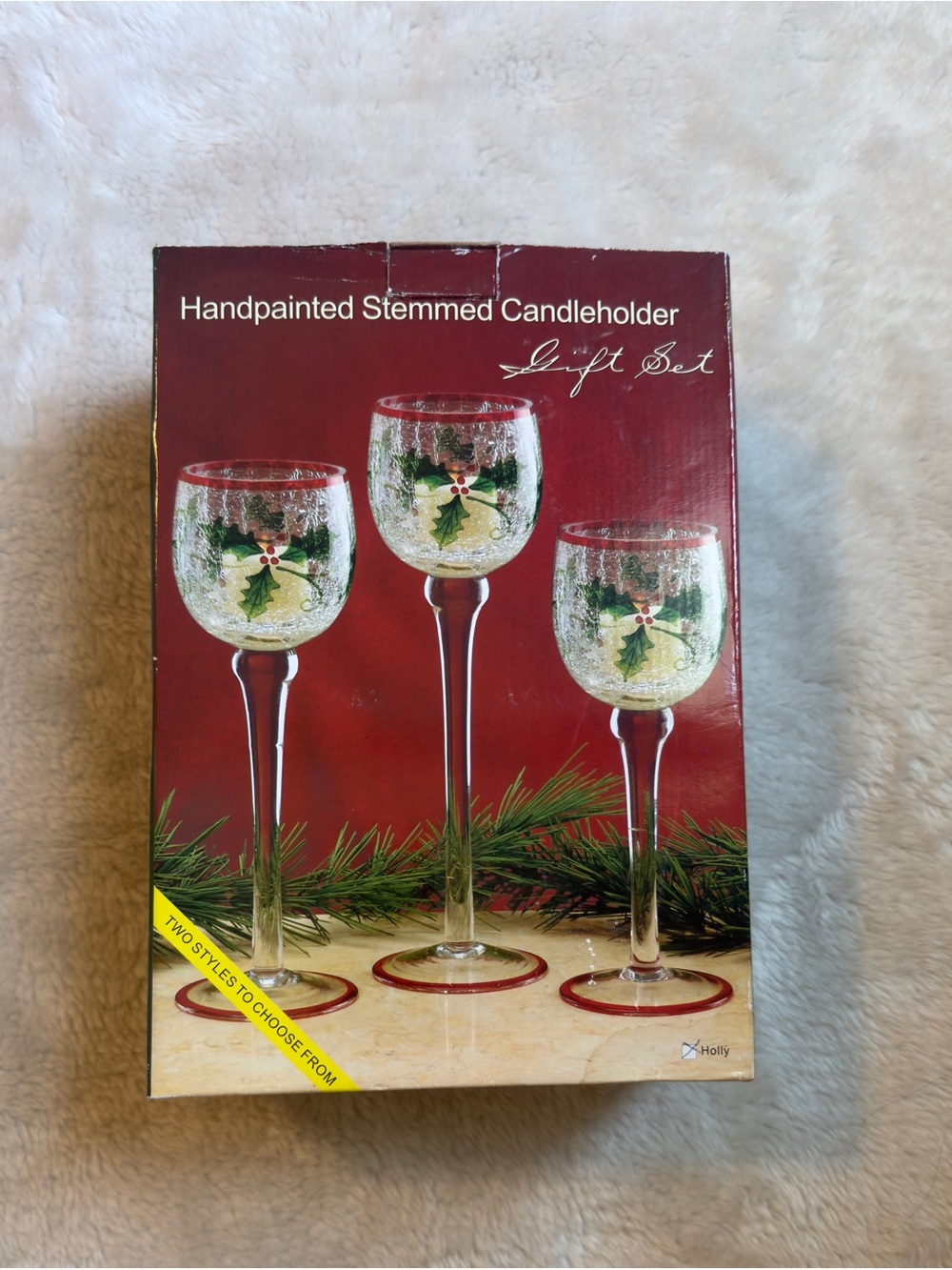Hand-Painted Holiday Stemmed Candleholder Glasses with Holly Motif (Set of 3) - Picture 3 of 8